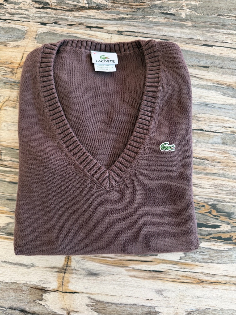 Women’s Lacoste Chocolate Brown Cotton V-Neck Sweater Size 36